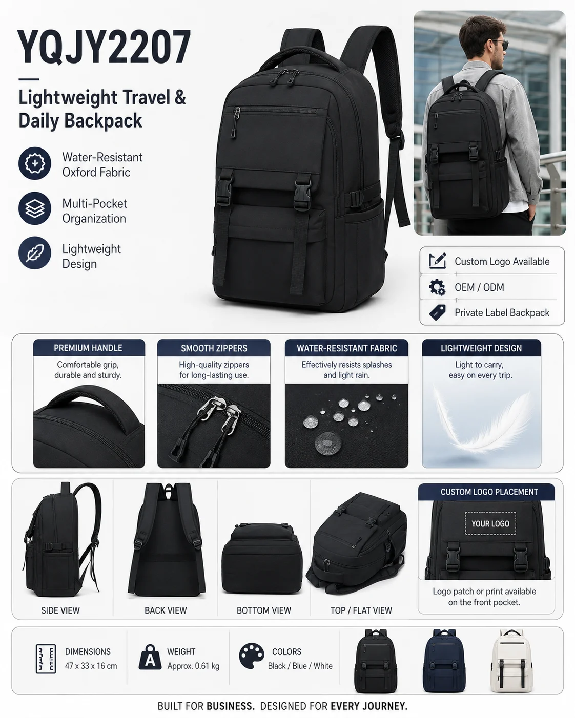 YQJY2207 Water-Resistant Travel Backpack