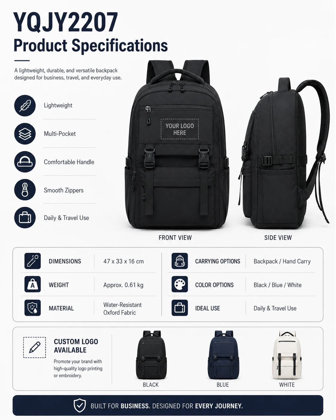 YQJY2207 Water-Resistant Travel Backpack