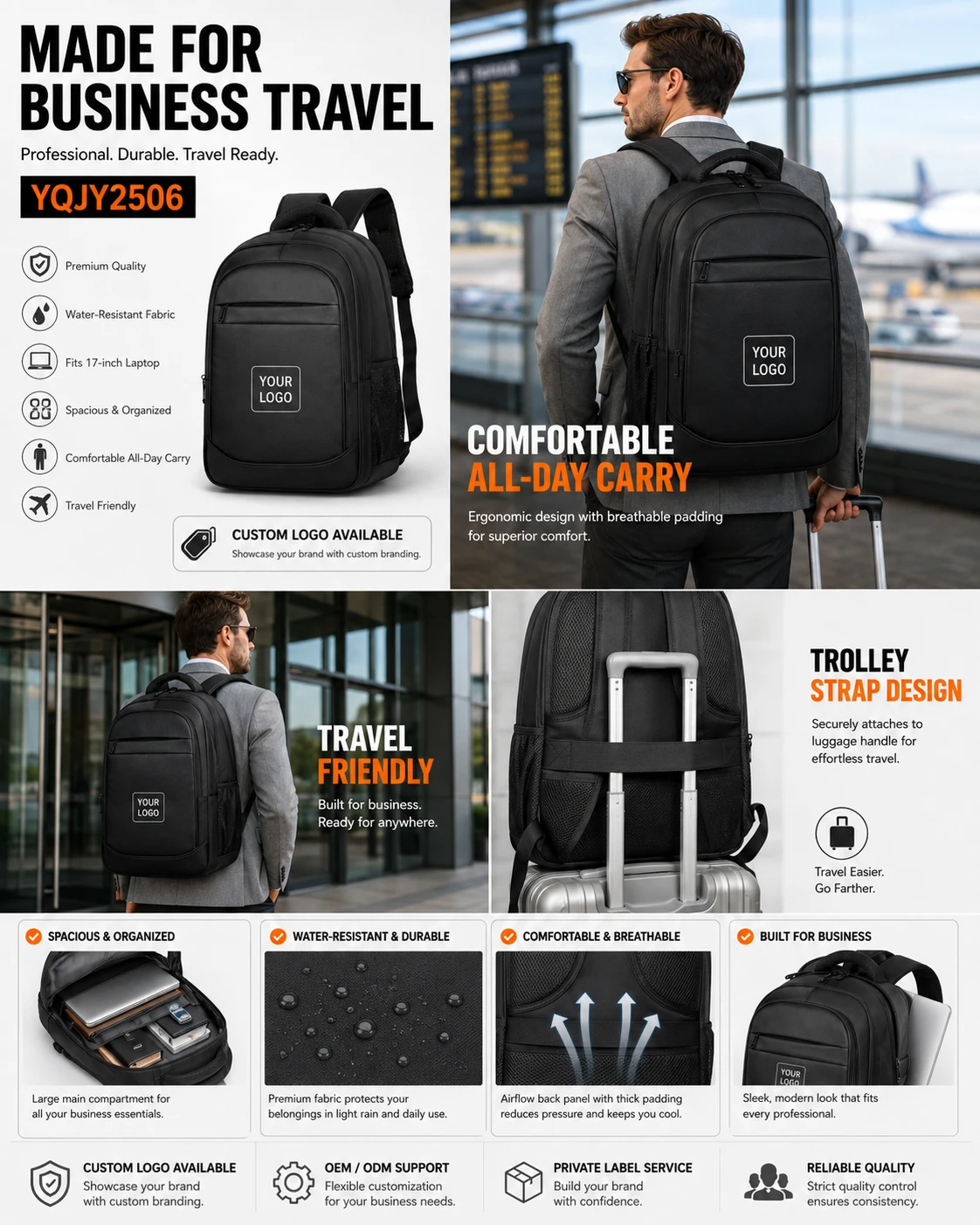 Black business travel backpack front, carry and trolley strap views