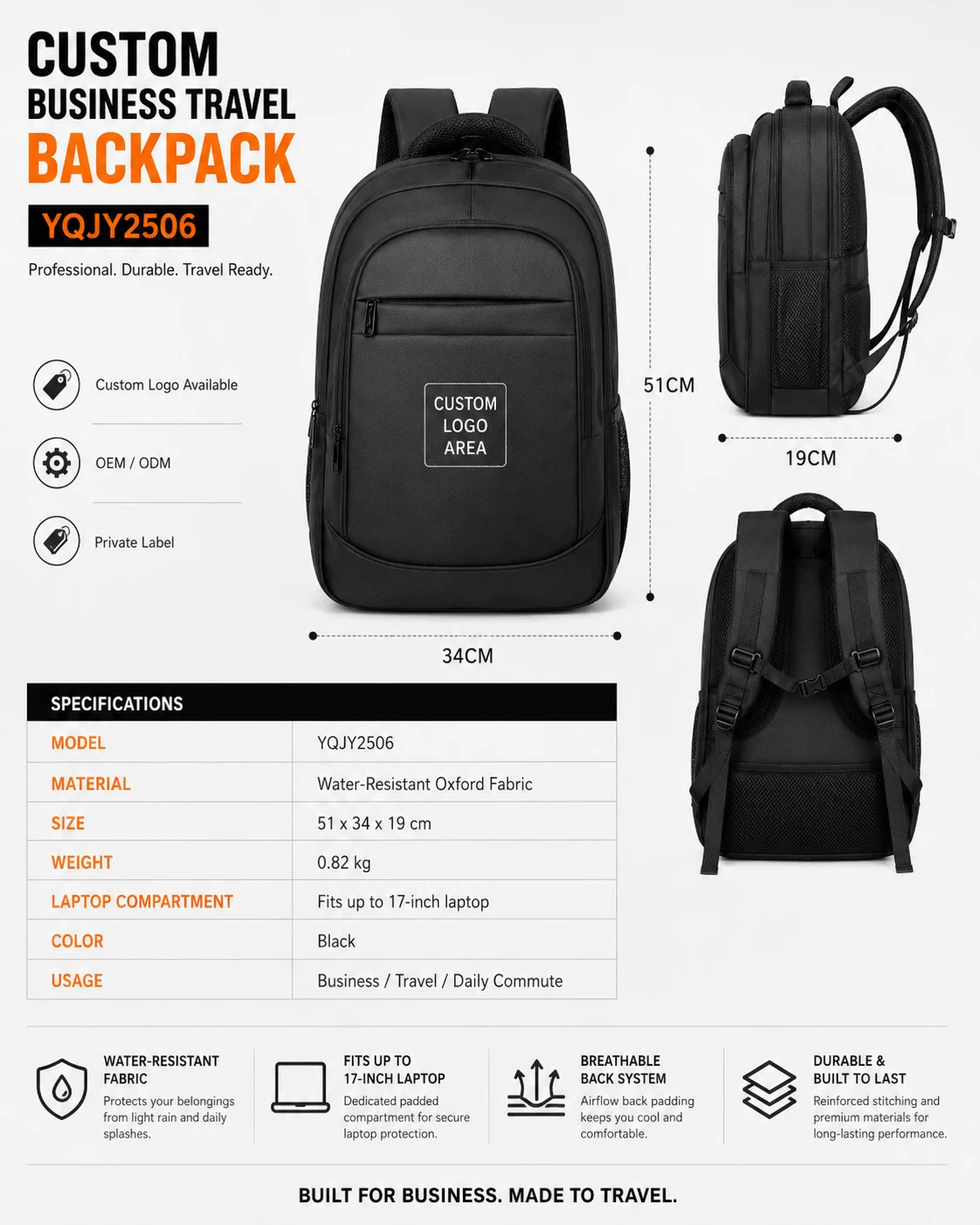 Black business travel backpack dimension, side and back views