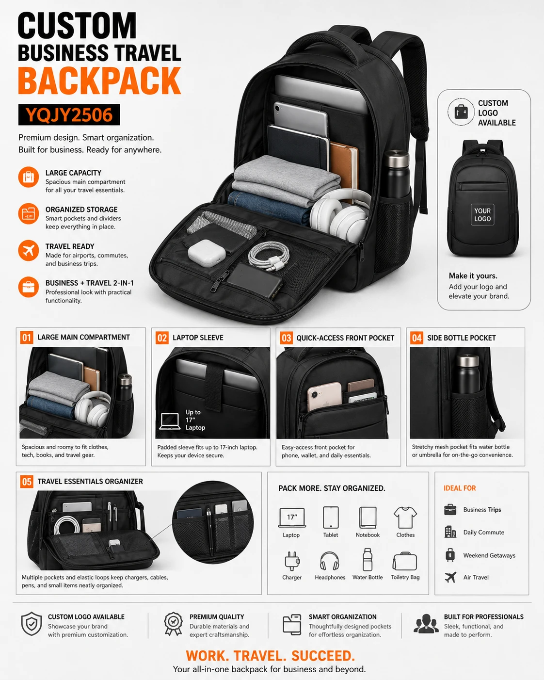 Black business travel backpack open interior and laptop sleeve views
