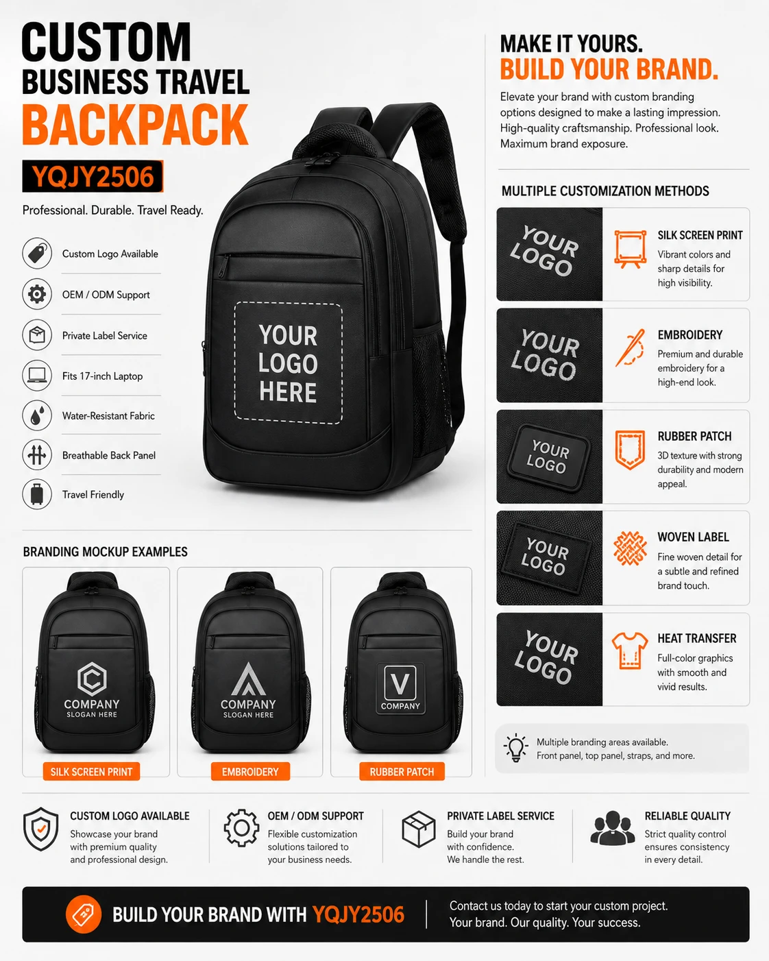 Black business travel backpack custom logo placement views