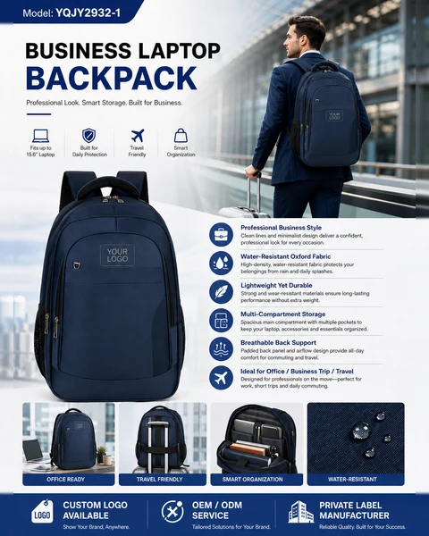 Navy blue laptop backpack front, carry and storage views