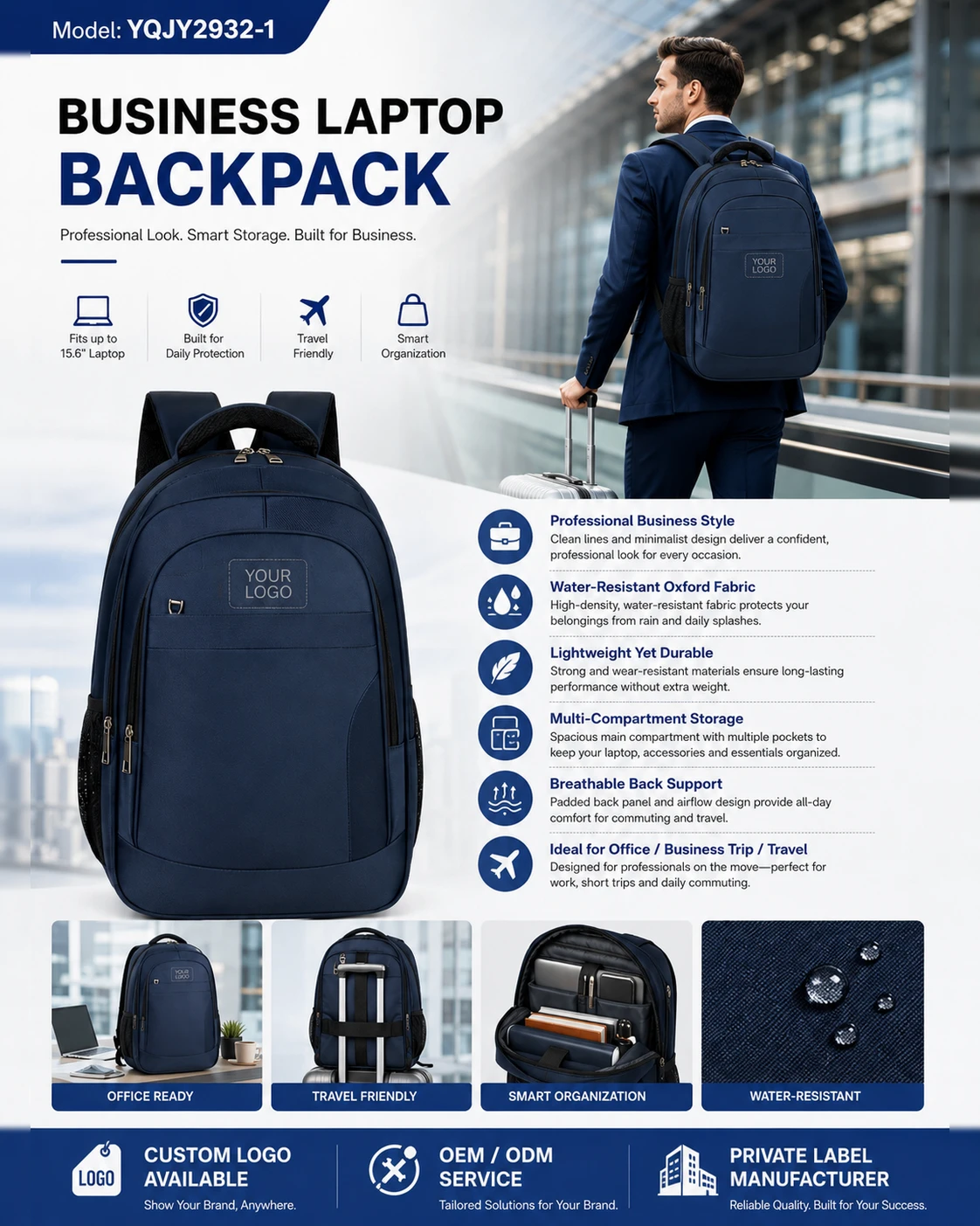 Navy blue laptop backpack front, carry and storage views