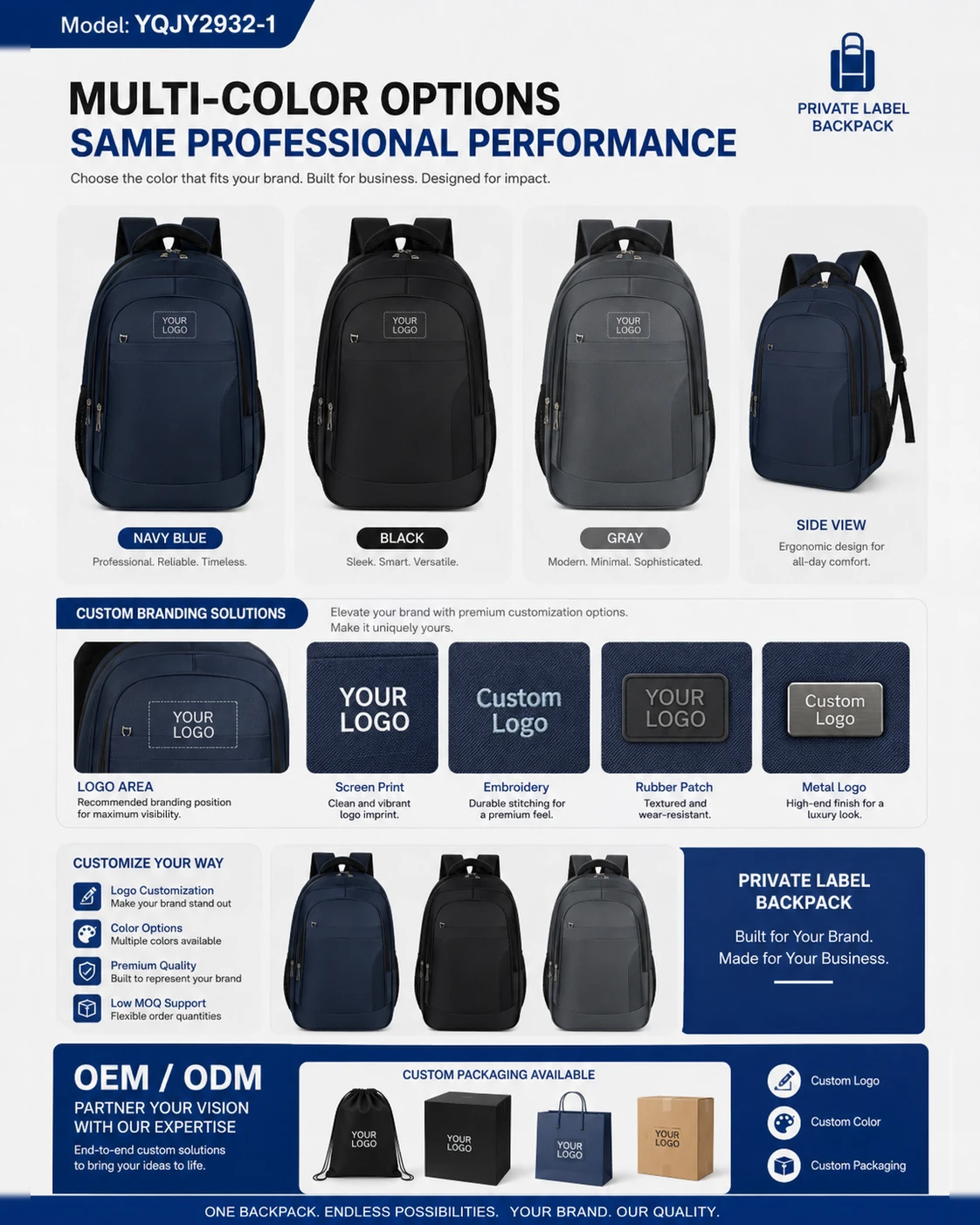 Navy blue, black and gray laptop backpack color and logo views
