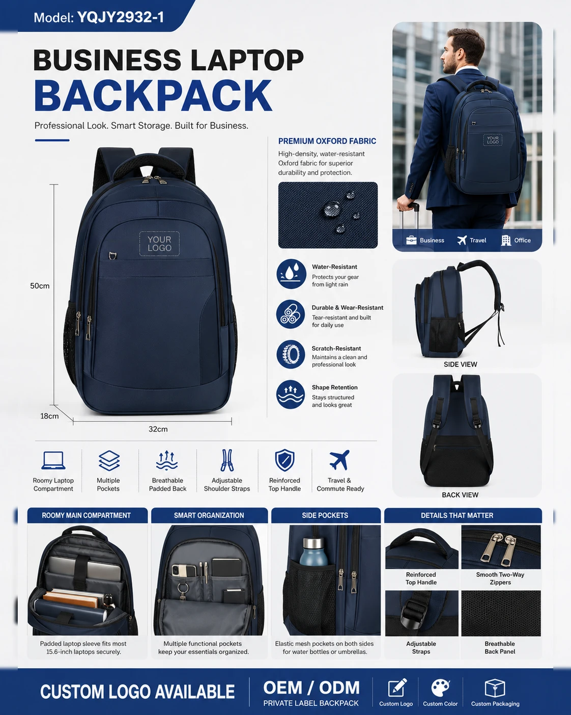 Navy blue laptop backpack dimension, side and back views