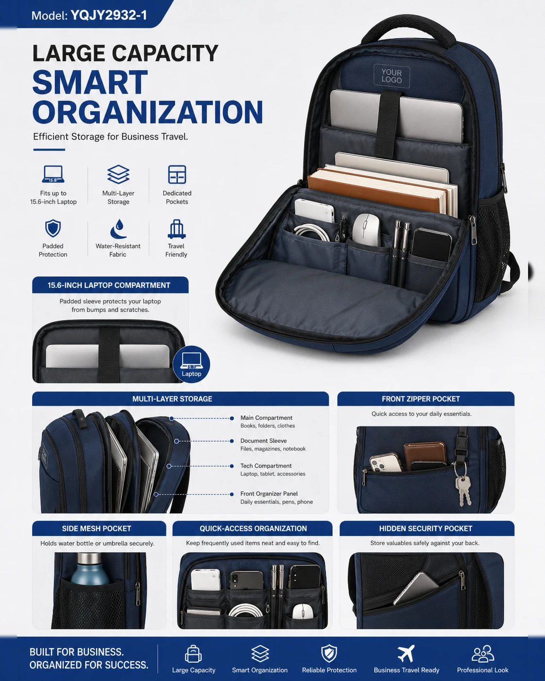 Navy blue laptop backpack open interior and pocket views