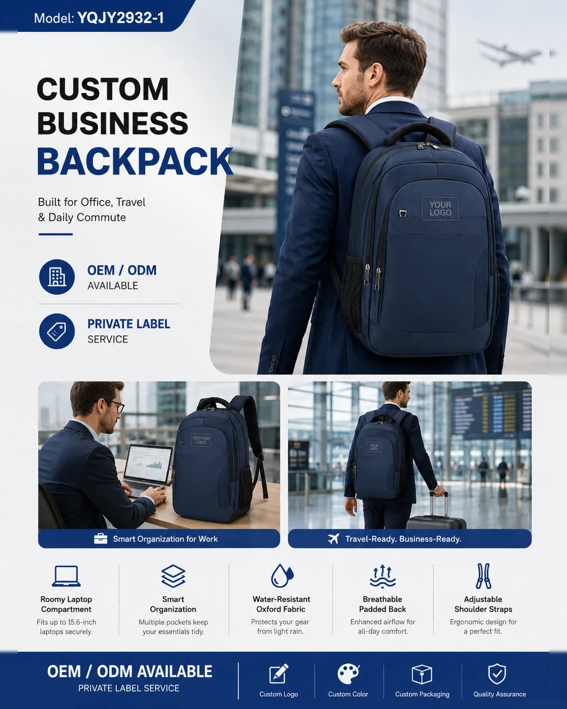 Navy blue laptop backpack commuting and travel carry views