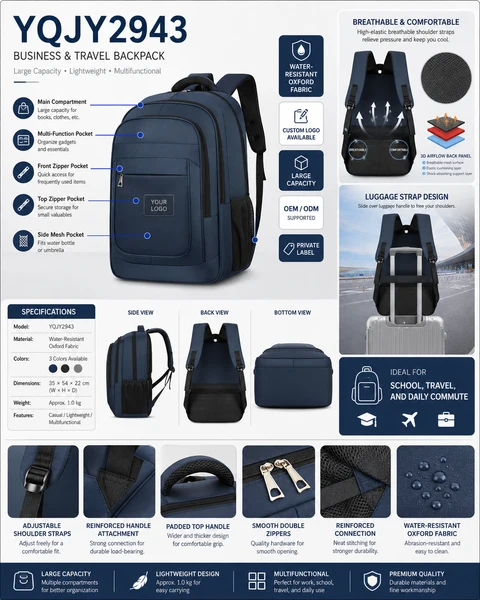 Navy blue laptop backpack front, back, side and luggage strap views