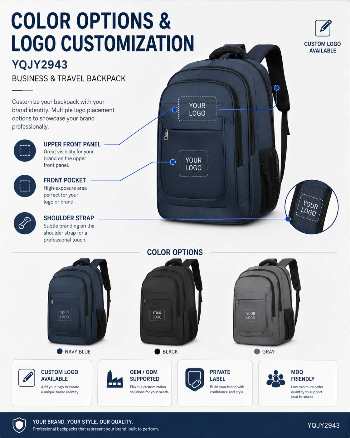 Navy blue, black and gray laptop backpack color and logo placement views