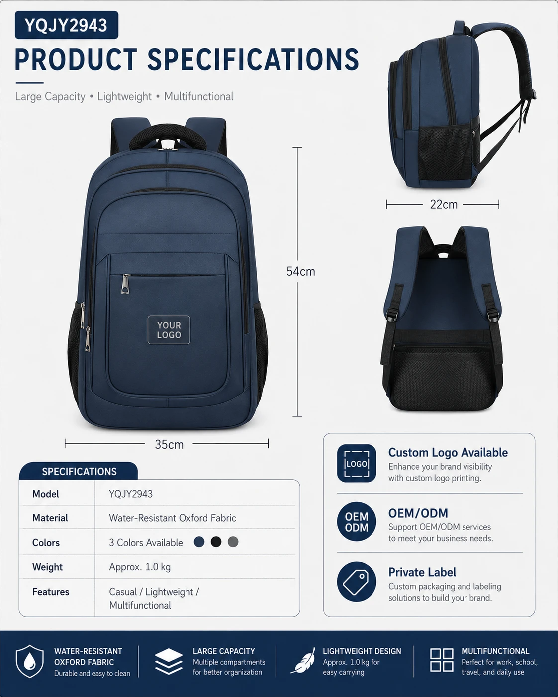 Navy blue laptop backpack dimension, side and specification views