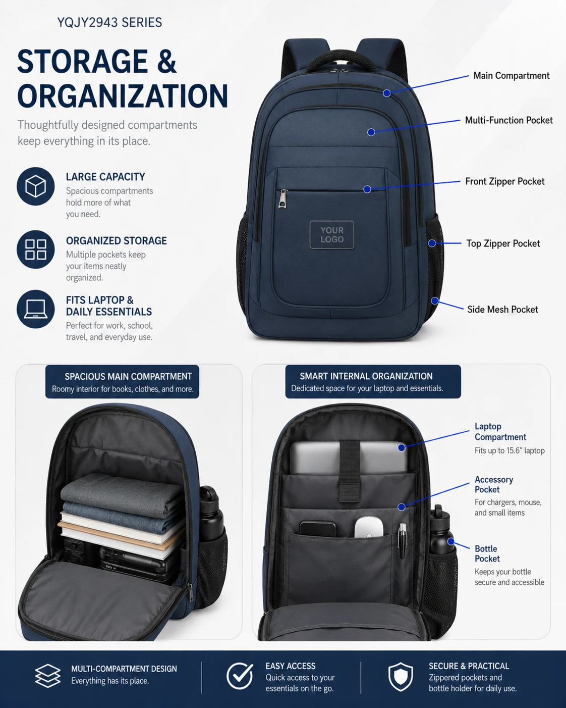 Navy blue laptop backpack open interior and laptop compartment views