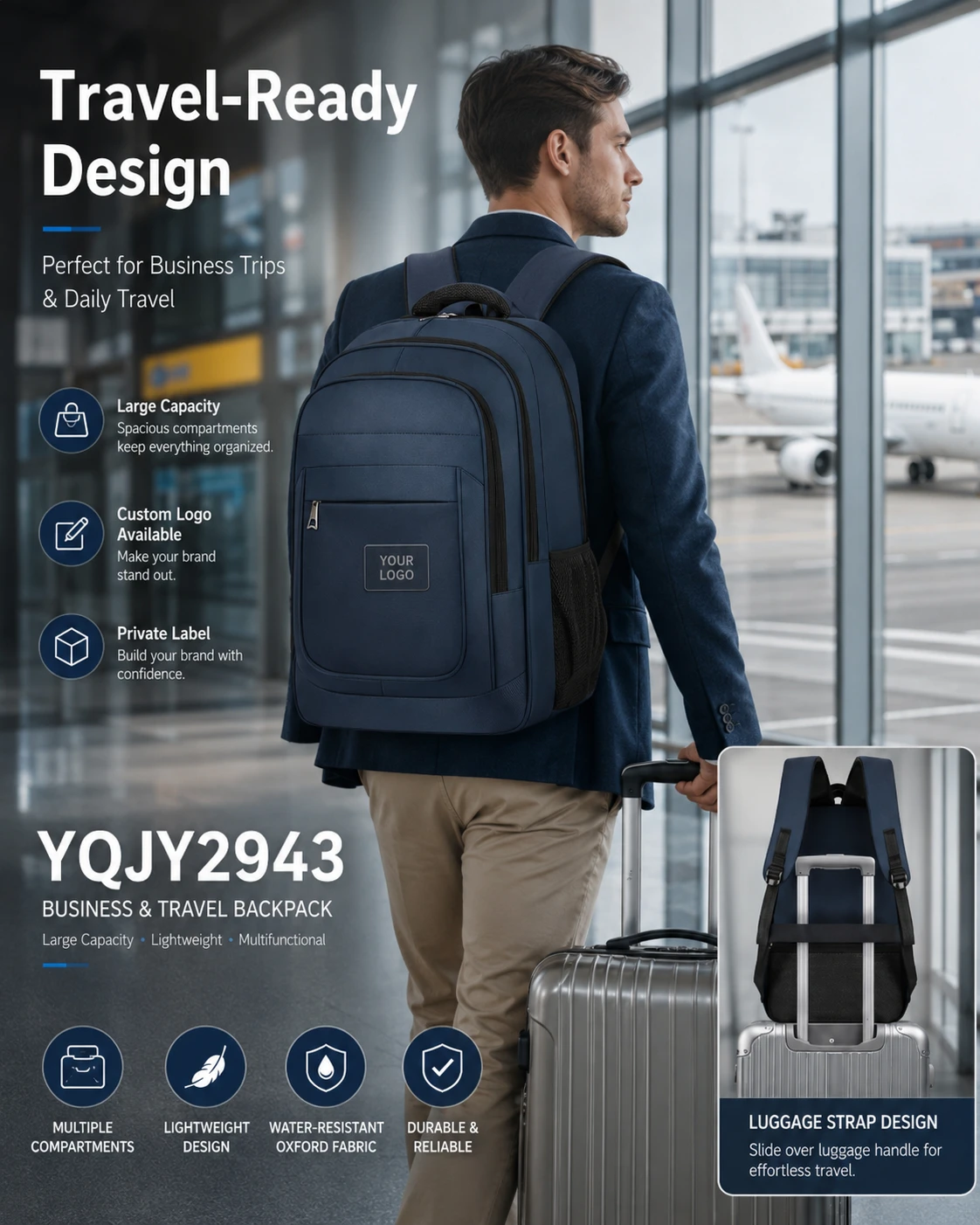Navy blue laptop backpack travel carry and luggage strap views