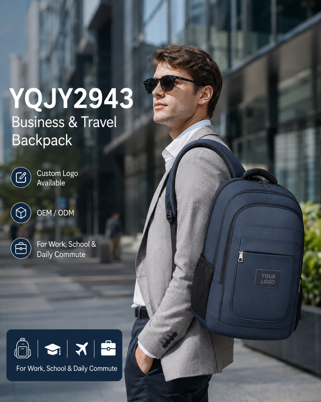 Navy blue laptop backpack daily carry view