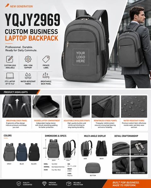 Gray laptop backpack front, carry and feature views