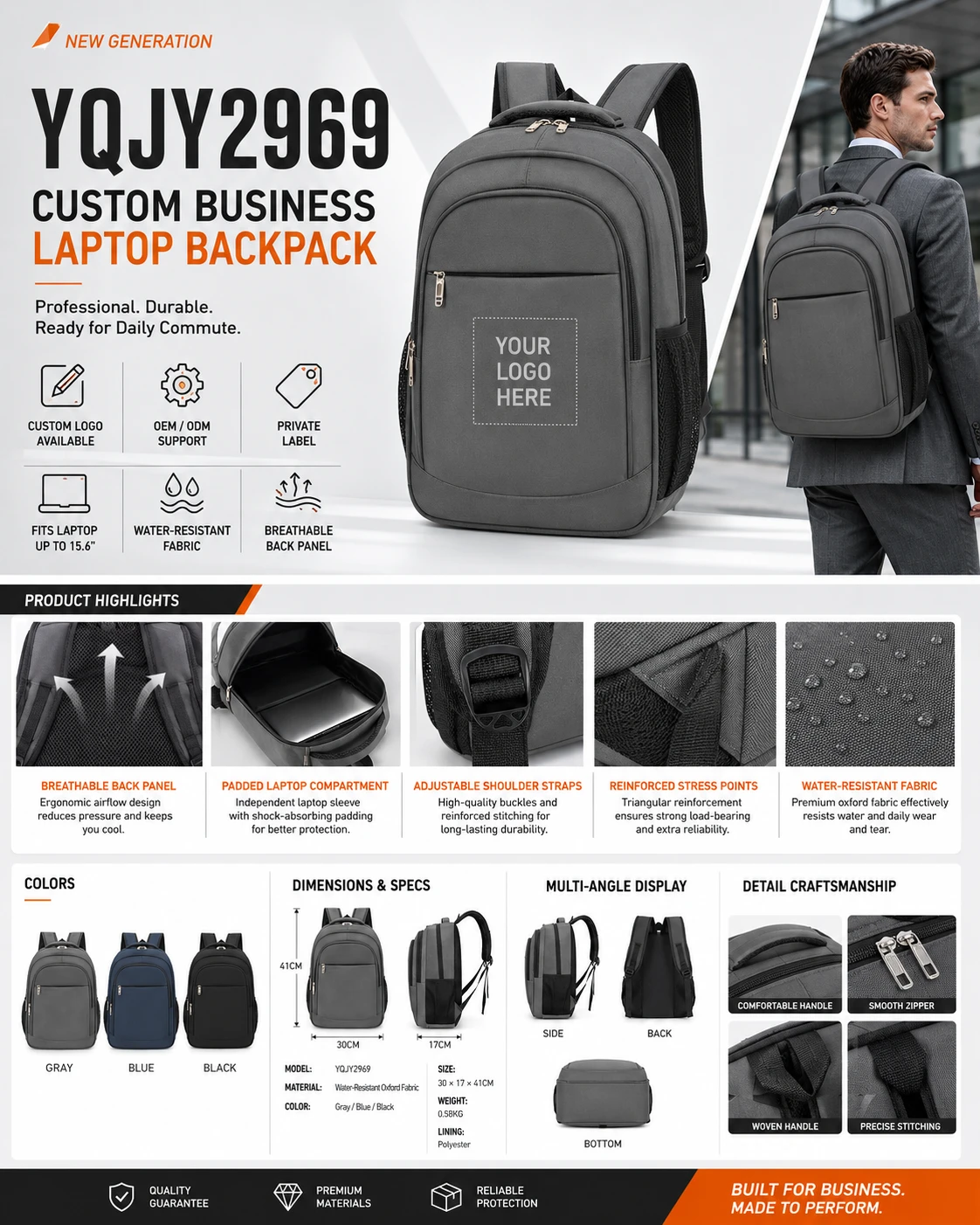 Gray laptop backpack front, carry and feature views