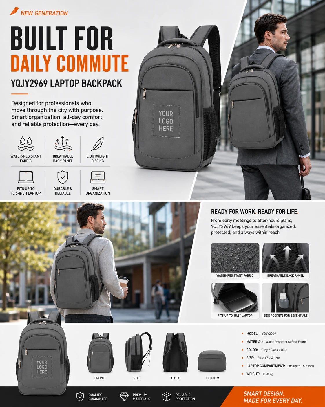Gray laptop backpack commuting carry and multi-angle views