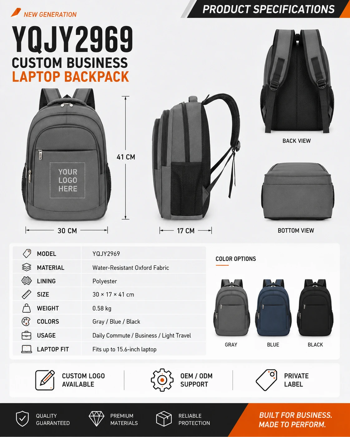 Gray, blue and black laptop backpack dimension and specification views