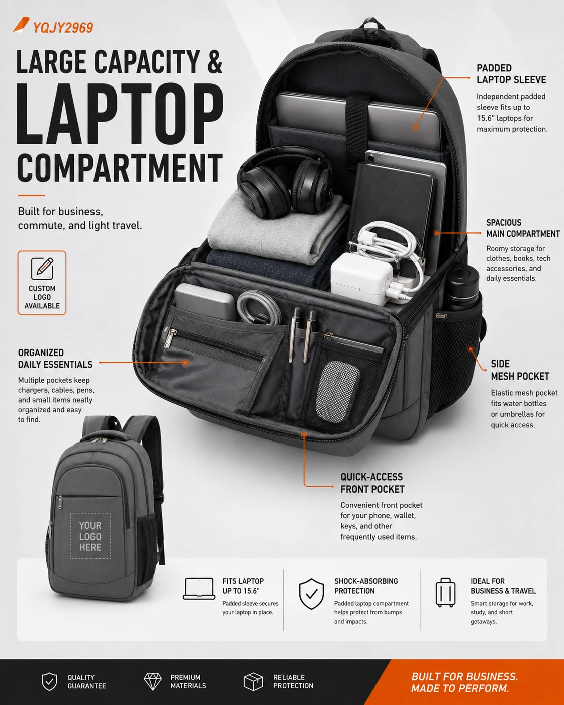 Gray laptop backpack open interior and laptop sleeve views