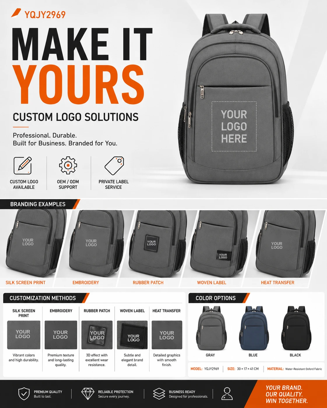 Gray, blue and black laptop backpack color and custom logo placement views