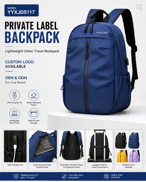 Blue business backpack front and feature views