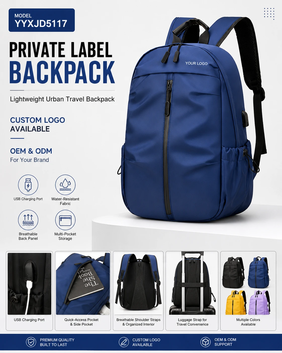 Blue business backpack front and feature views