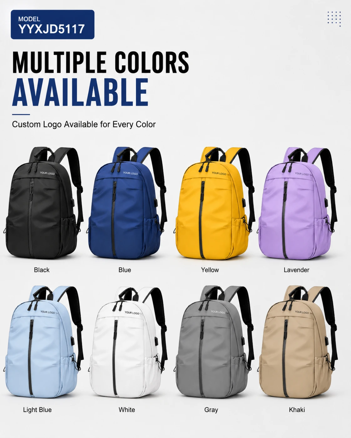 Black, blue, yellow, purple, light blue, white, gray and khaki business backpack color views