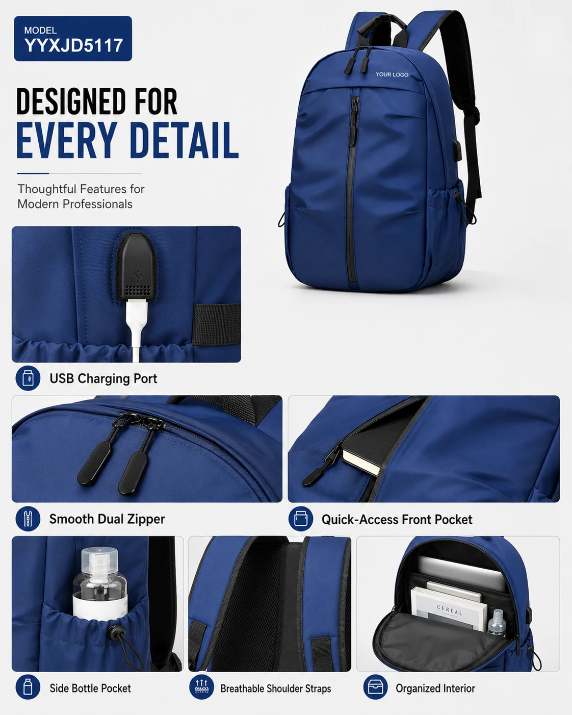 Blue business backpack USB port and pocket detail views