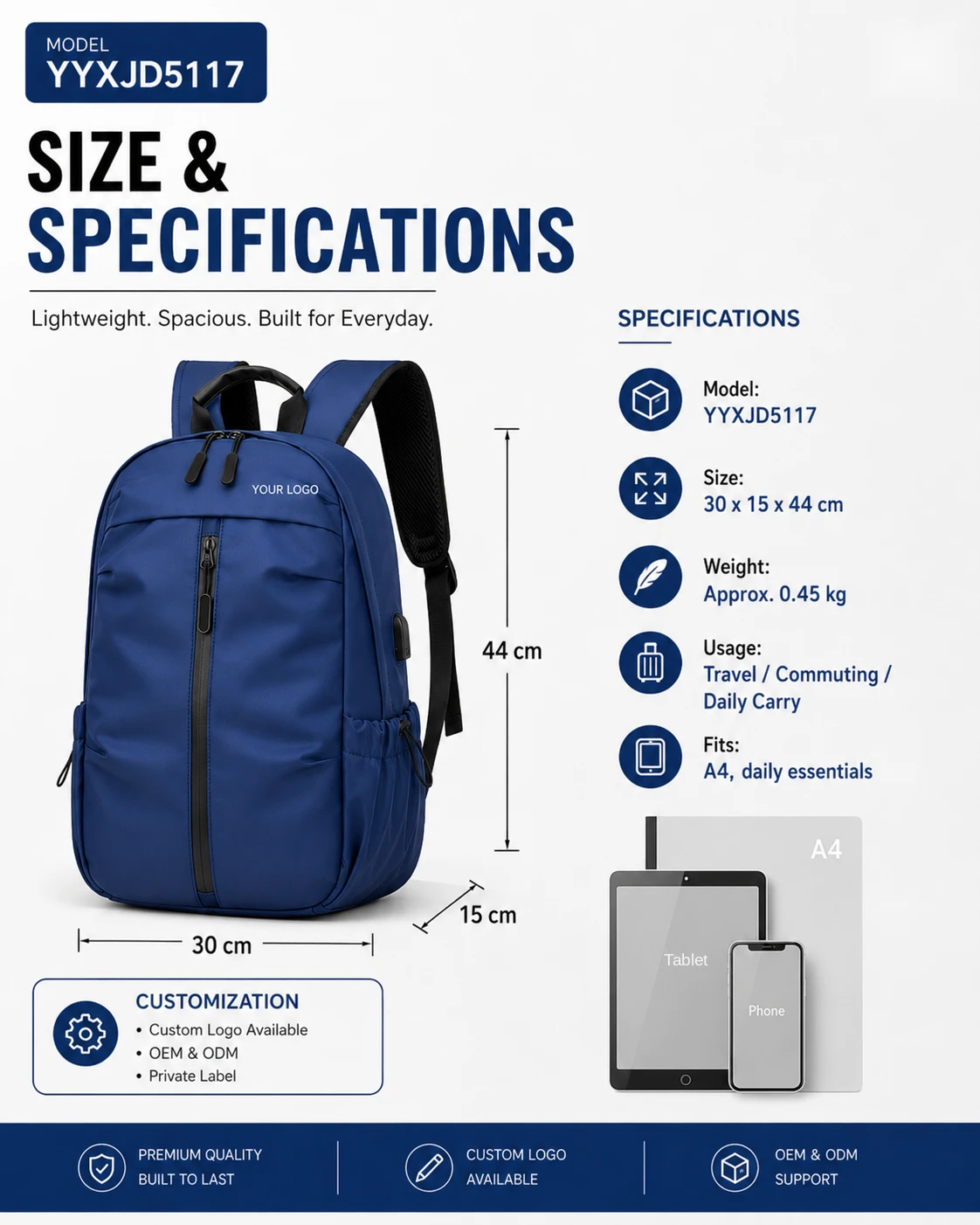 Blue business backpack dimension and specification views