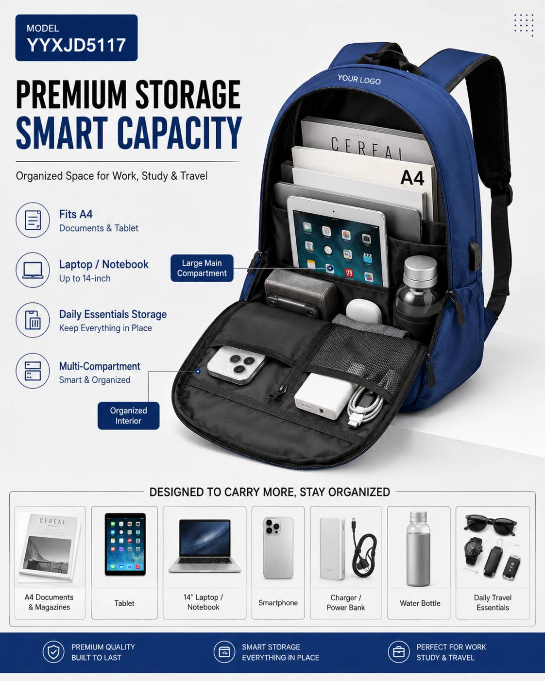 Blue business backpack open interior and laptop compartment views