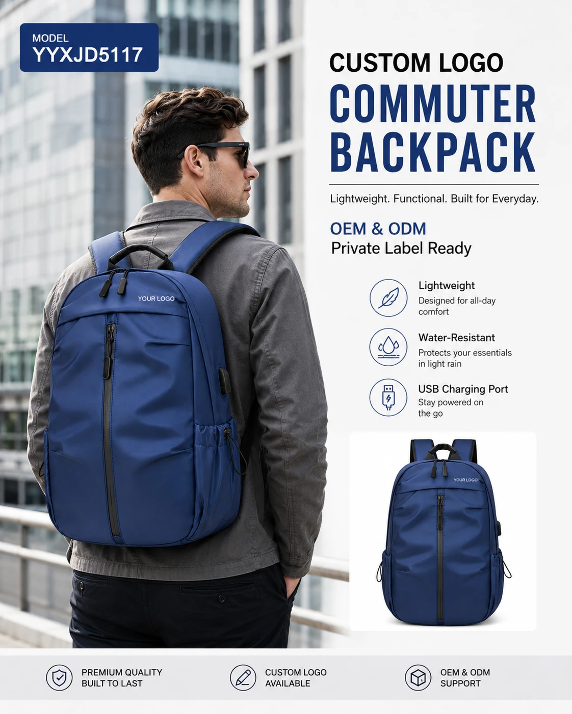 Blue business backpack commuting carry view