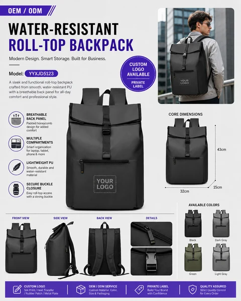 Black business roll-top backpack front, side and back views