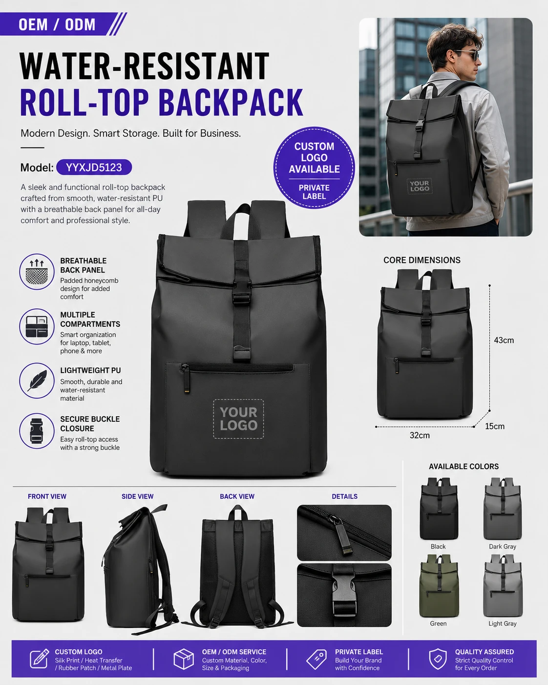 Black business roll-top backpack front, side and back views