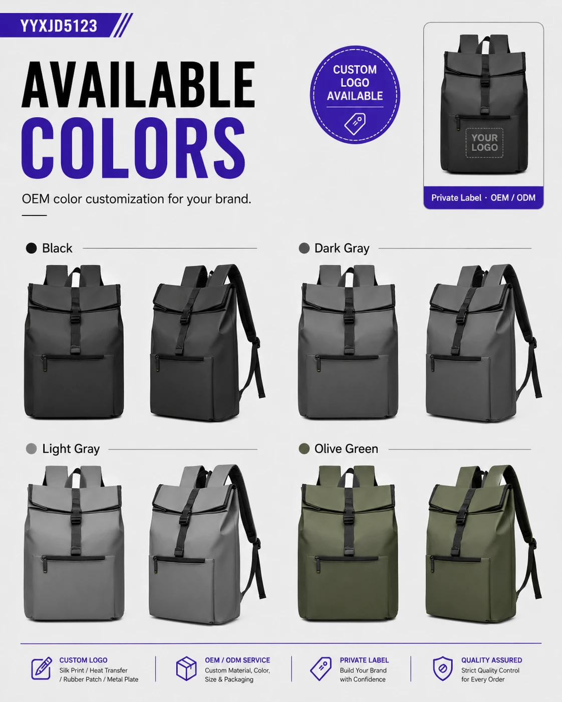 Black, gray, light gray and olive green business roll-top backpack color views