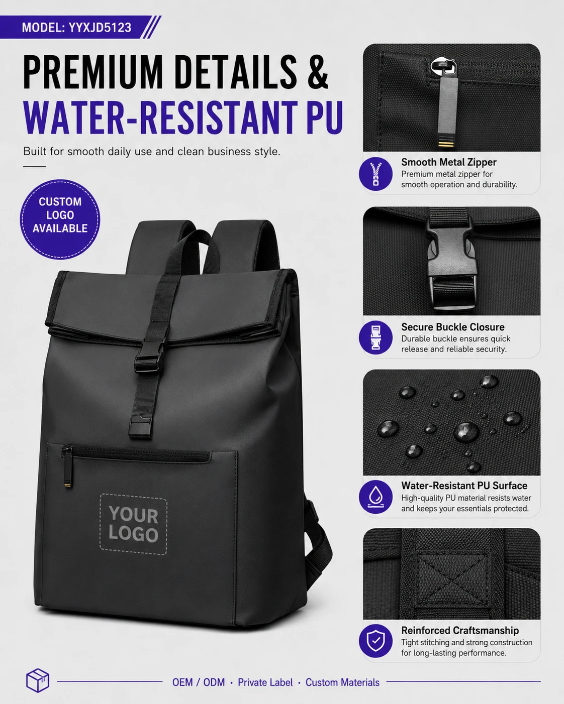 Black business roll-top backpack buckle, zipper and fabric detail views