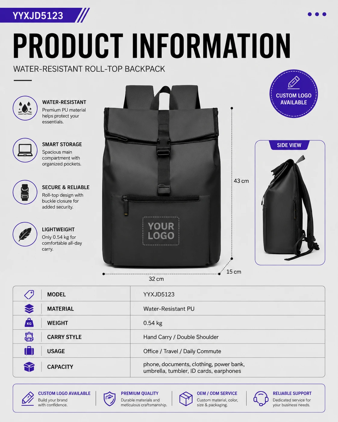 Black business roll-top backpack dimension and specification views