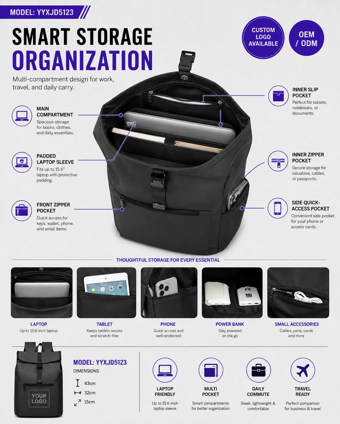 Black business roll-top backpack open interior and laptop sleeve views