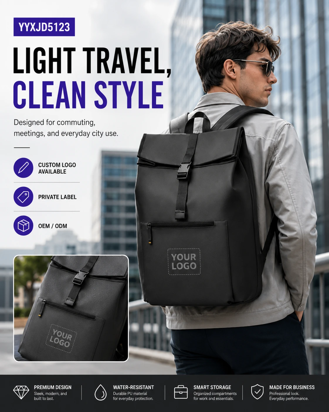 Black business roll-top backpack commuting carry view