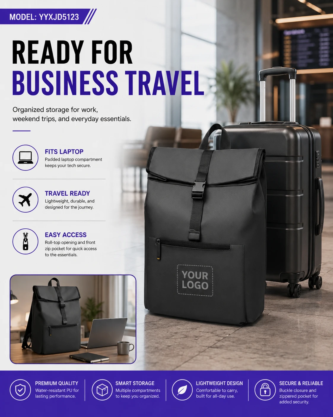 Black business roll-top backpack travel and front views
