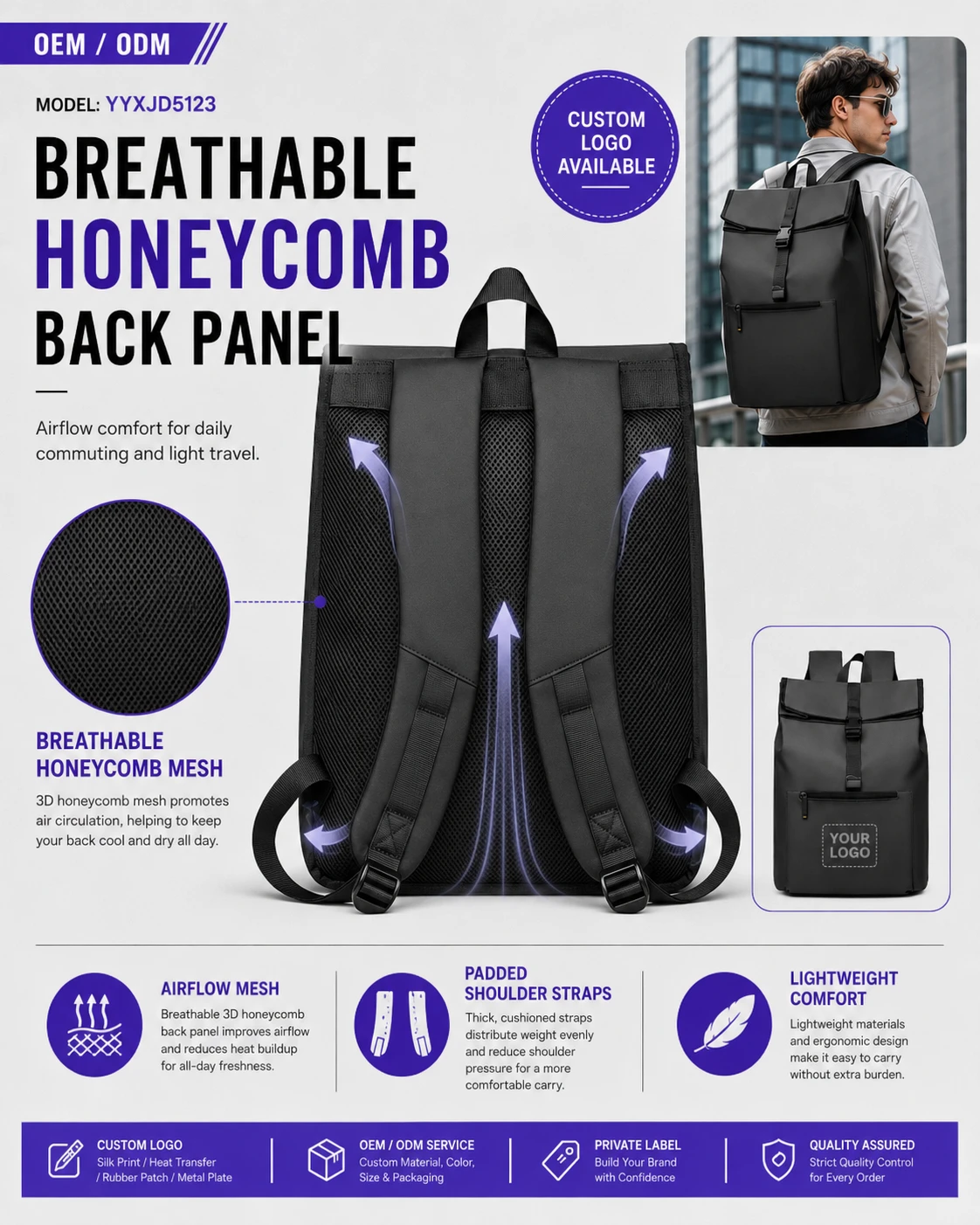 Black business roll-top backpack honeycomb back panel view